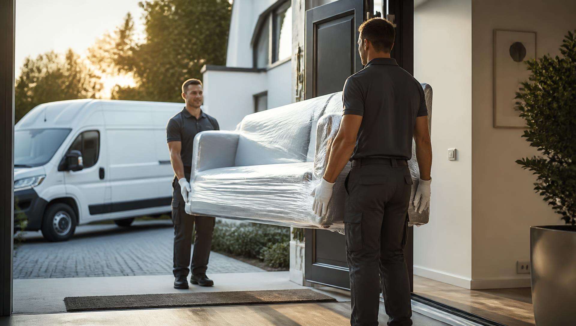 Two-person delivery team carrying a wrapped sofa into a customer's home
